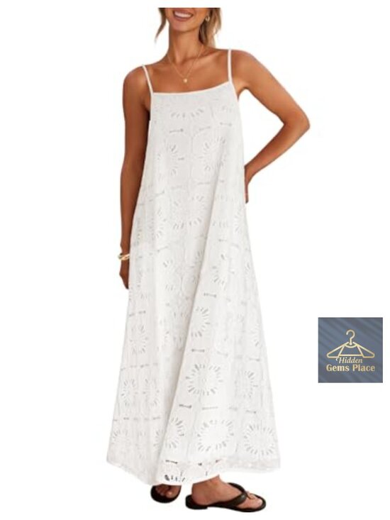 Dresses & Skirts - Sleeveless Floral Eyelet Lace Boho Beach Maxi Dress with Pockets